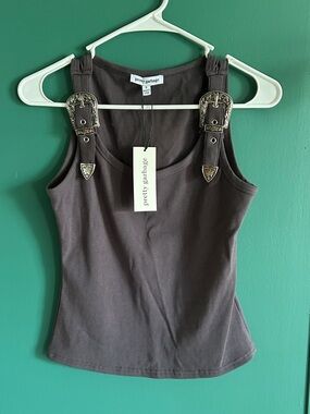 Pretty Garbage Western Belt Buckle Strap Tank Top Cowgirl Country Festival